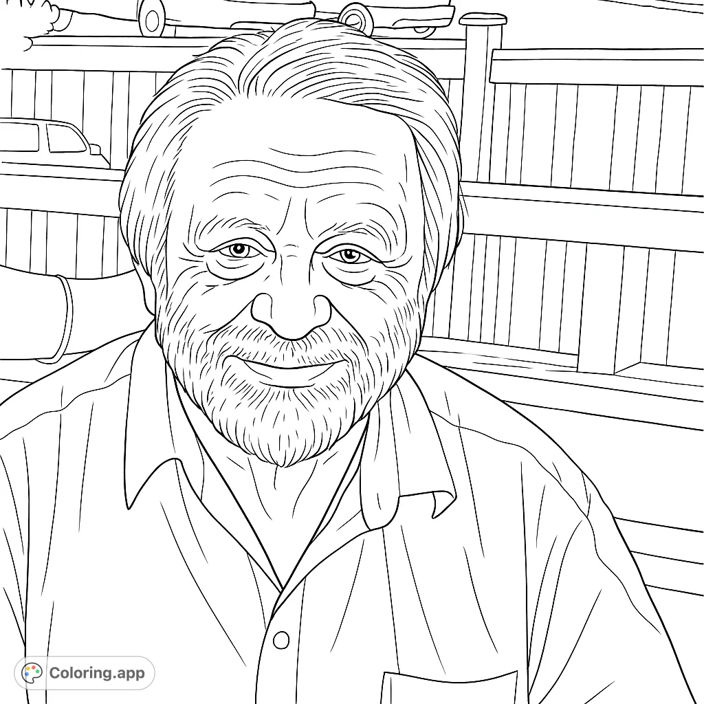 A detailed portrait of a wise elder with a kind smile and a textured beard, set against a subtle outdoor background. Perfect for nuanced coloring.