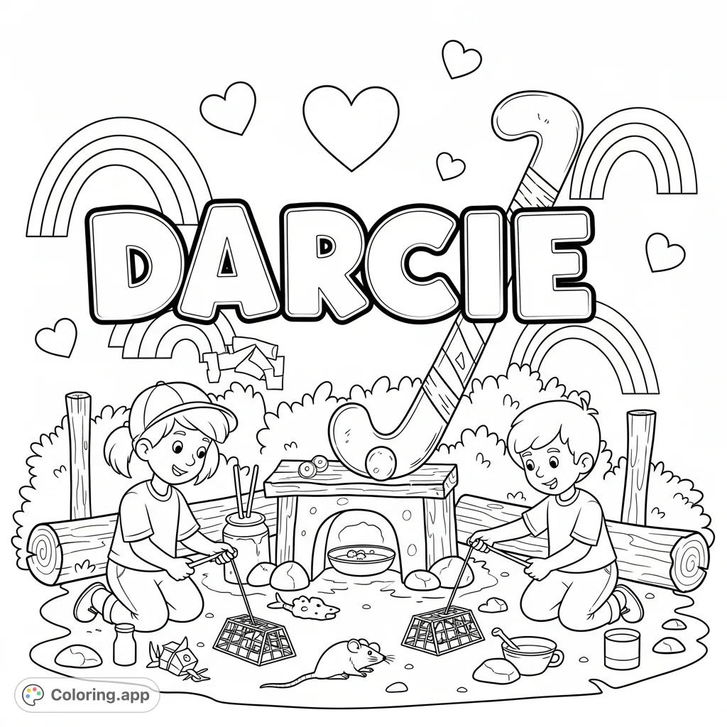 Dive into Darcie's world! Color kids trapping rats by a mud kitchen with a field hockey stick, surrounded by playful hearts and rainbows.