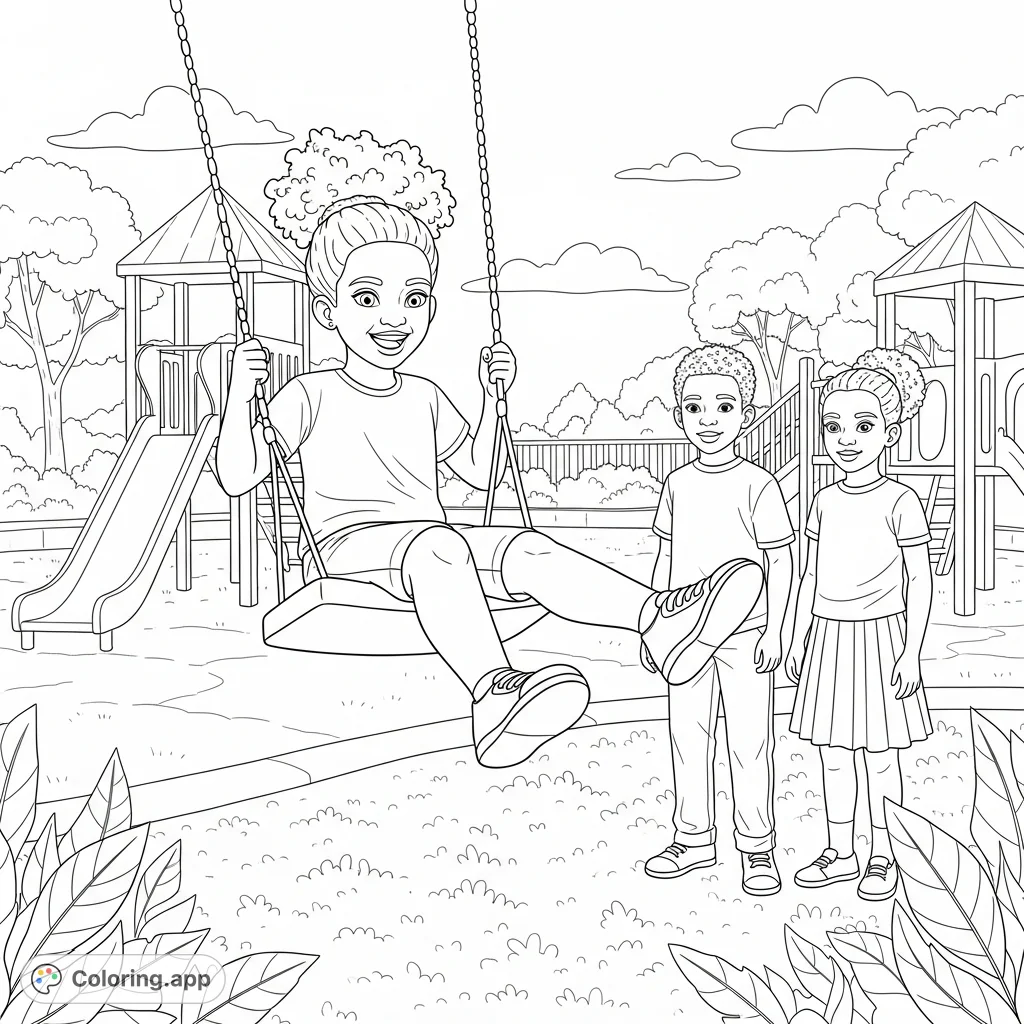 An engaging playground coloring page featuring three African American children enjoying a sunny day, with one girl happily swinging high, perfect for young artists.