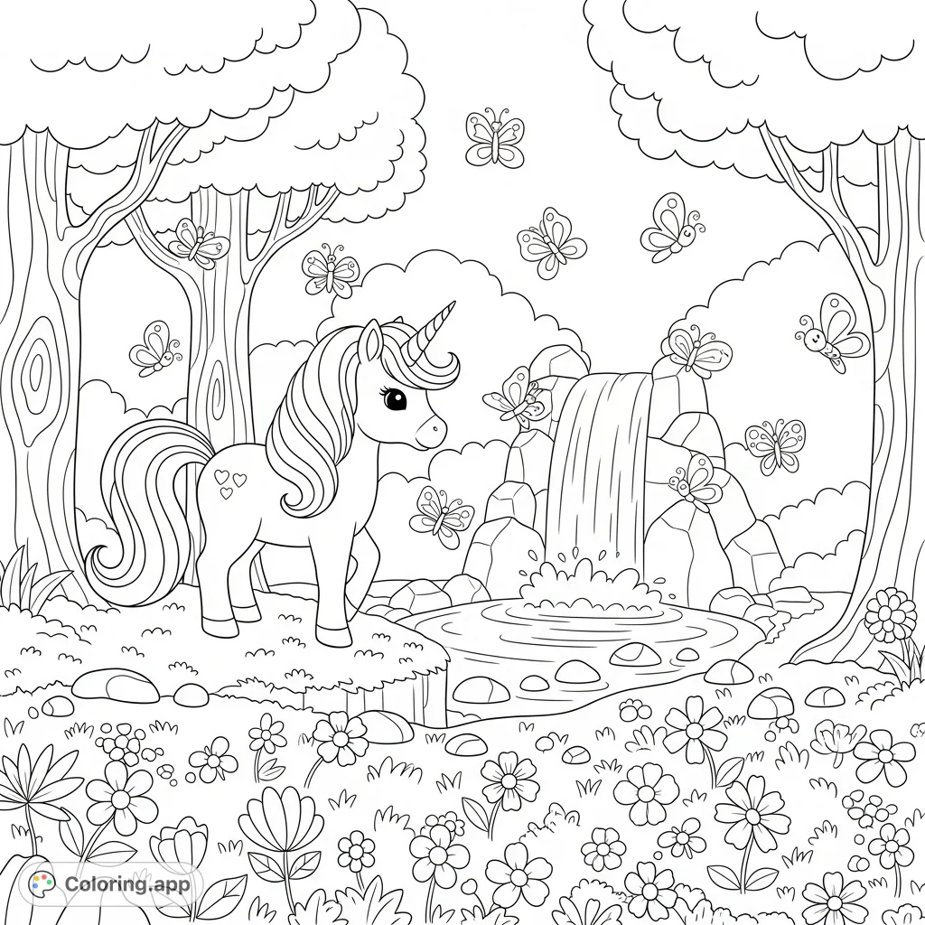 Discover a charming kawaii unicorn in a magical forest, surrounded by fluttering butterflies, stylized flowers, and a beautiful waterfall.