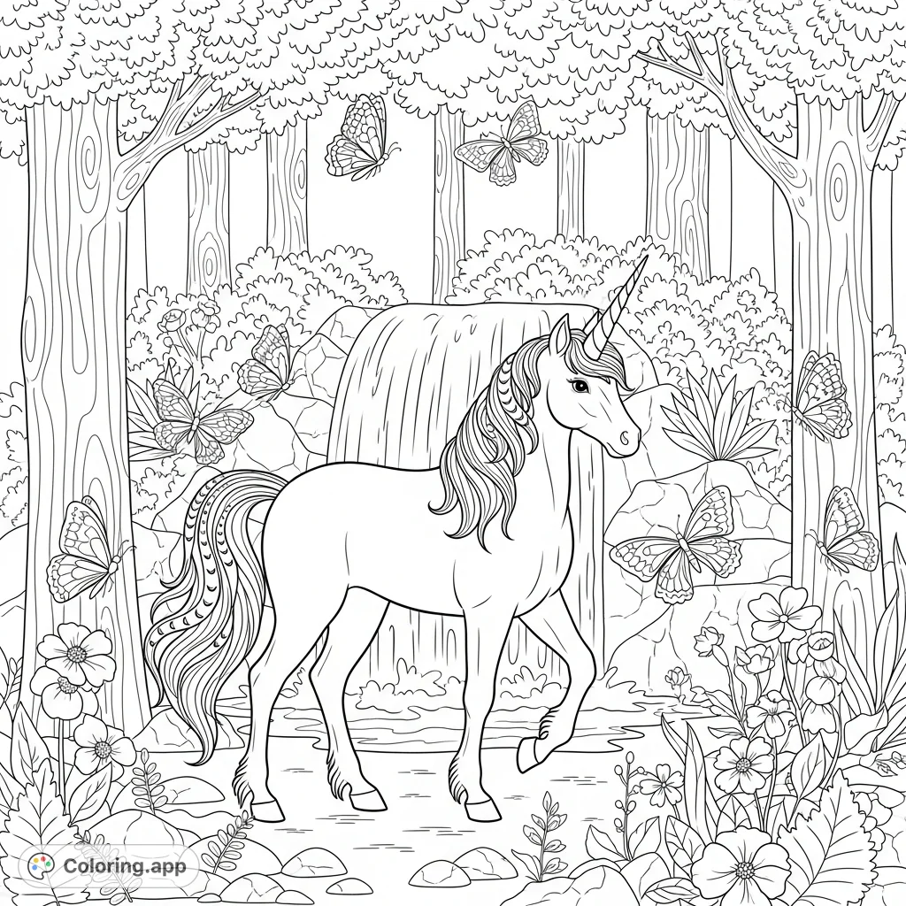 Discover a wondrous magical forest coloring page featuring a graceful unicorn by a stunning waterfall, surrounded by intricate flowers and delicate butterflies.
