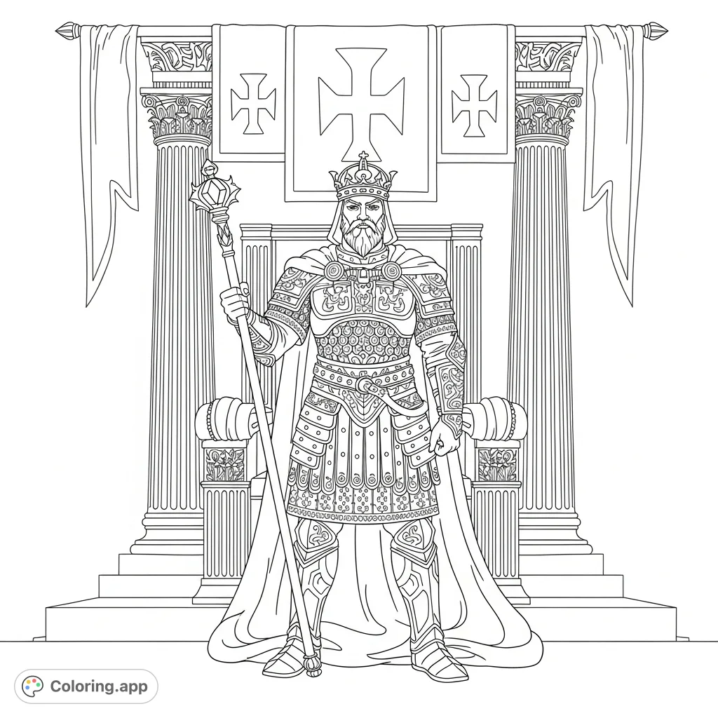 An impressive Loukas the Great coloring page featuring a regal figure in detailed armor, crown, and scepter, standing before a grand throne and majestic columns.