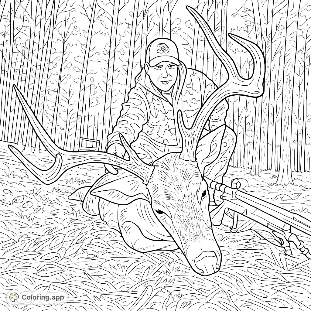 Depicts a hunter kneeling beside a majestic deer with impressive antlers in a dense forest, surrounded by fallen leaves and towering trees.