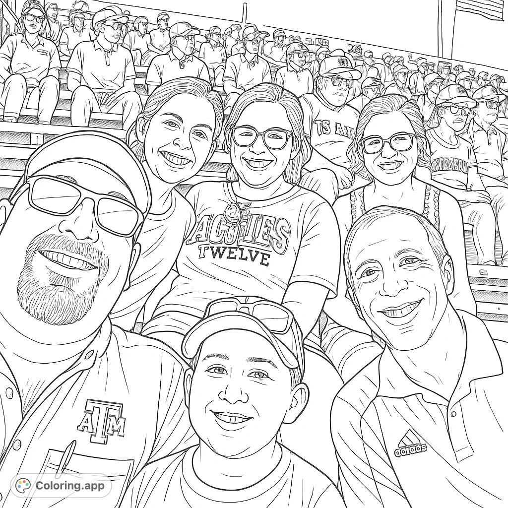 Capture the excitement of a stadium outing with this family selfie coloring page, featuring smiling faces and a lively crowd.