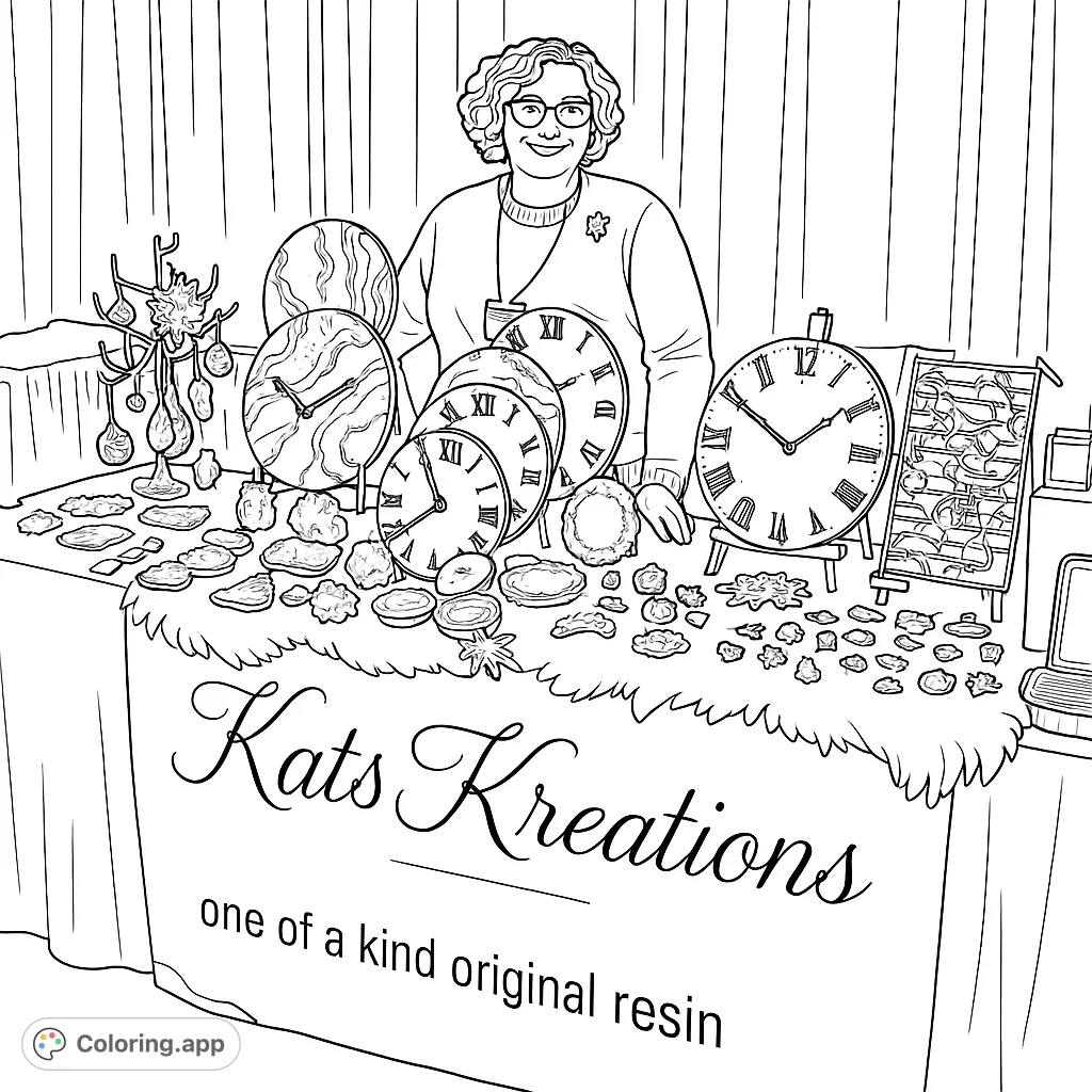 A warm artisan smiles behind a table filled with unique handcrafted clocks, geode art, and intricate ornaments, perfect for a detailed creative escape.