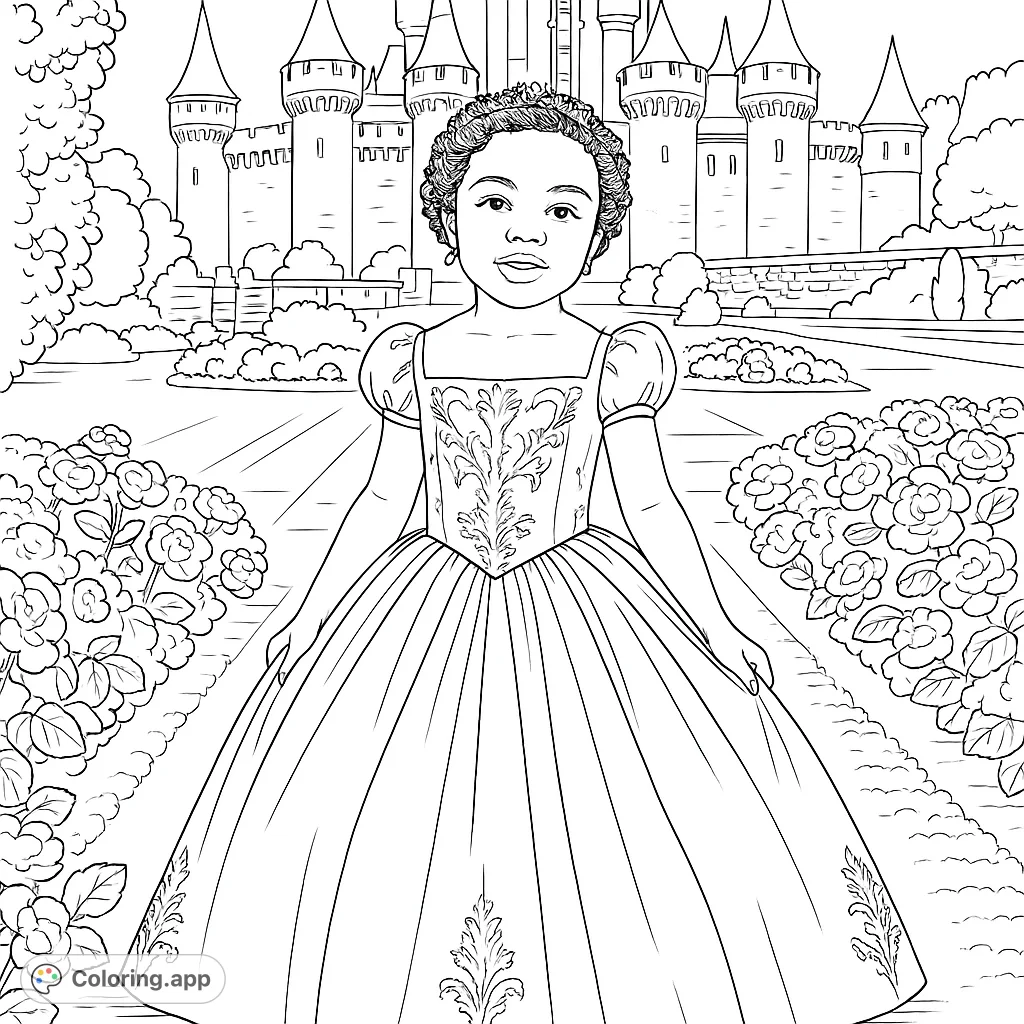 A charming princess stands in a magnificent castle garden, wearing a beautiful gown with intricate details. Perfect for royal adventures and dreamy coloring.