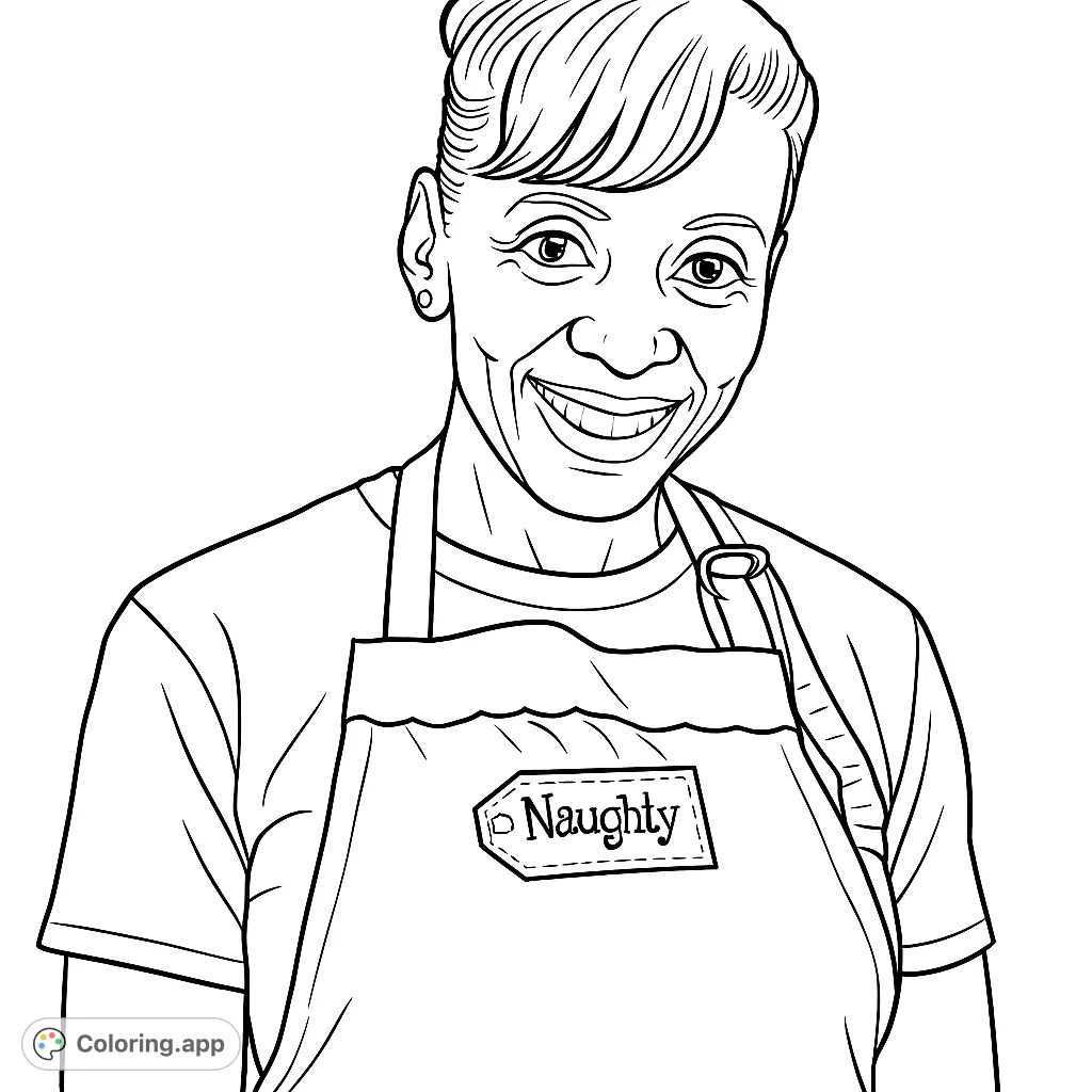 Capture the cheerful spirit of a smiling woman in a decorative apron featuring a playful 'Naughty' tag. A delightful holiday-themed coloring page for fun.
