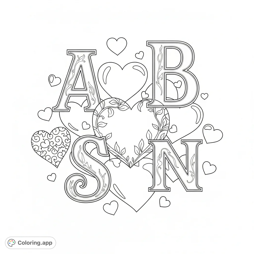 Discover a beautiful letters with hearts coloring page, perfect for all ages. Features elegant capital letters intertwined with various heart designs and patterns.