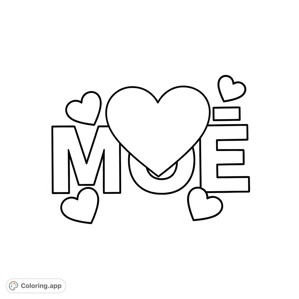 A charming MOE coloring page featuring bold block letters embraced by prominent heart shapes. A simple, sweet design perfect for expressing affection.