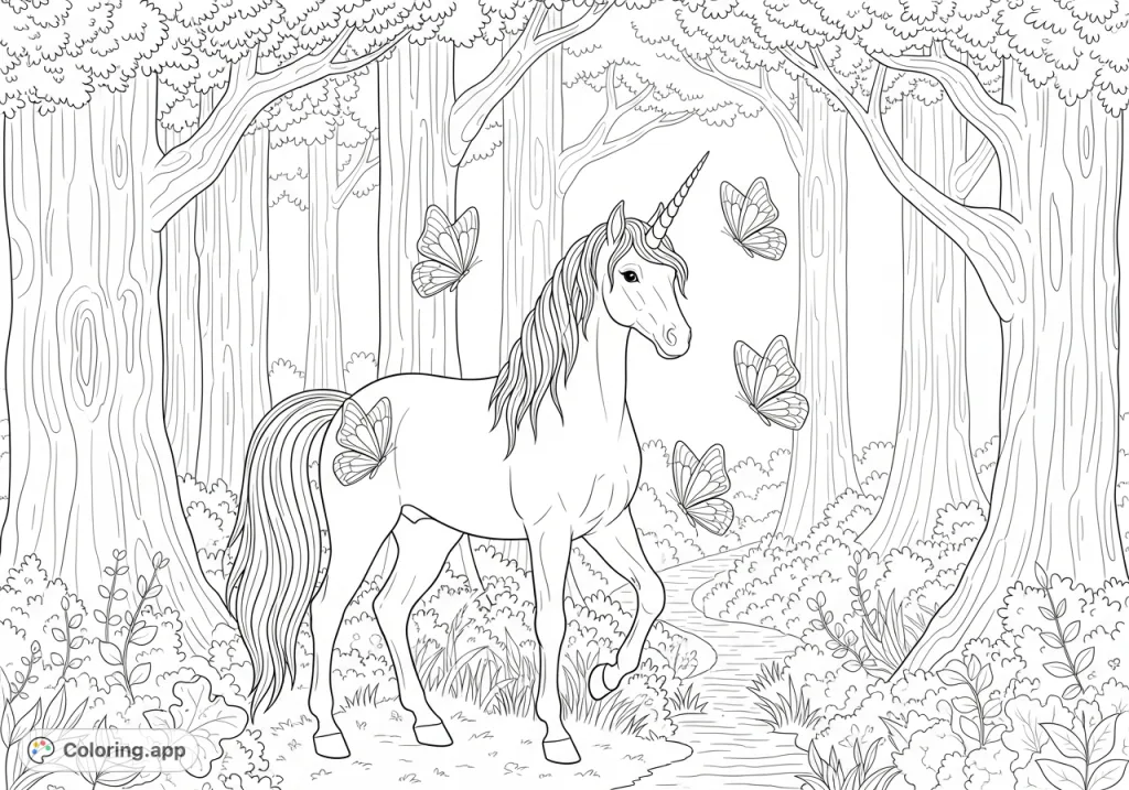 Discover a graceful unicorn amidst a mystical forest, surrounded by fluttering butterflies. A whimsical scene for enchanting coloring adventures.