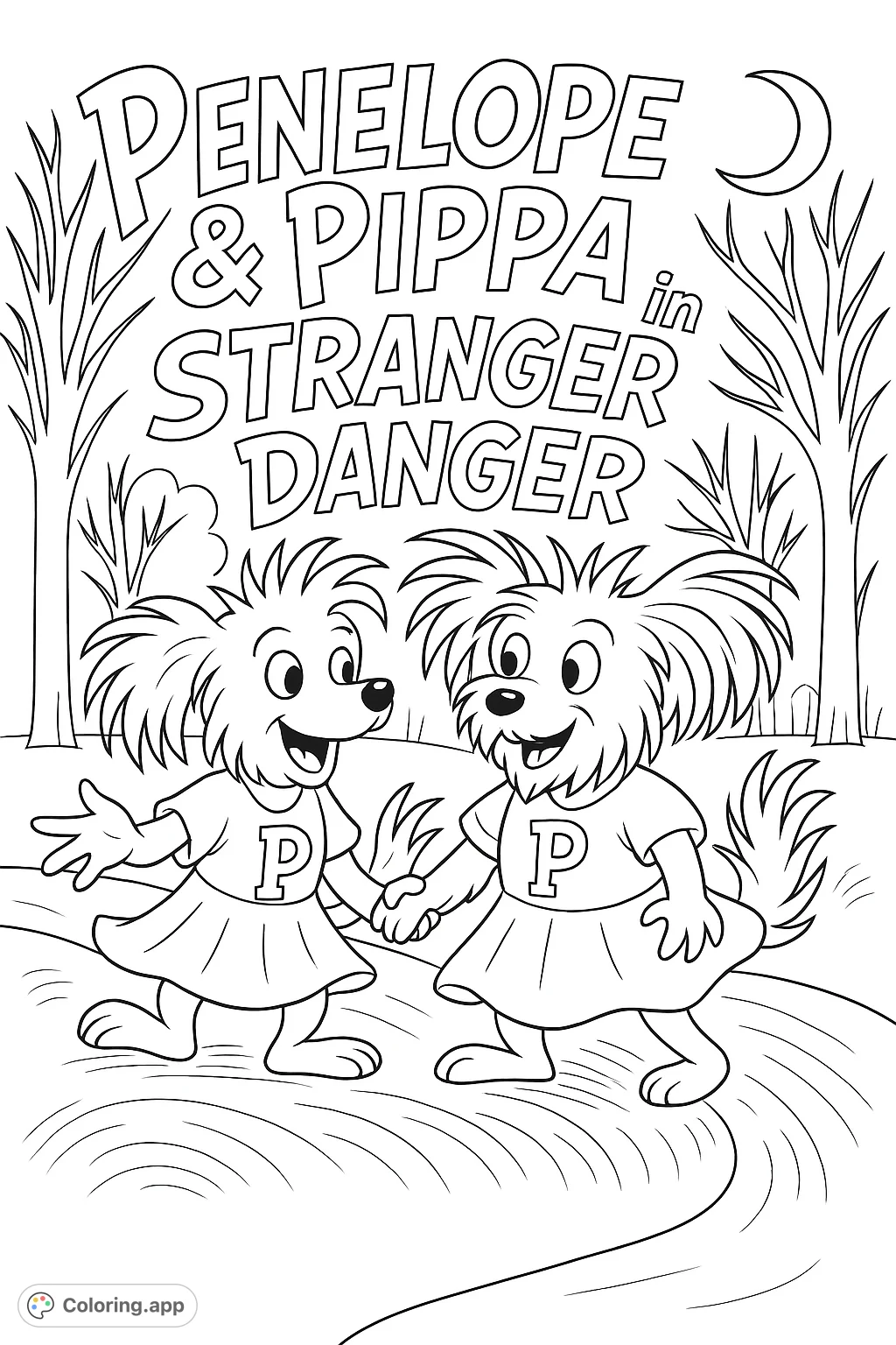 Join two cheerful cartoon dog friends, Penelope and Pippa, on their fun adventure! This free printable character coloring page is perfect for imaginative play.