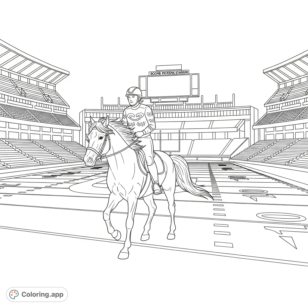 Experience the excitement of a rider and horse entering Boone Pickens Stadium in this detailed coloring page, perfect for sports and animal enthusiasts.
