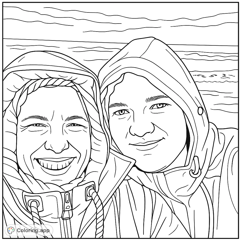 Capture the joy of a beach adventure with this coastal duo! Two smiling figures in hooded jackets against a wavy ocean and cloudy sky.