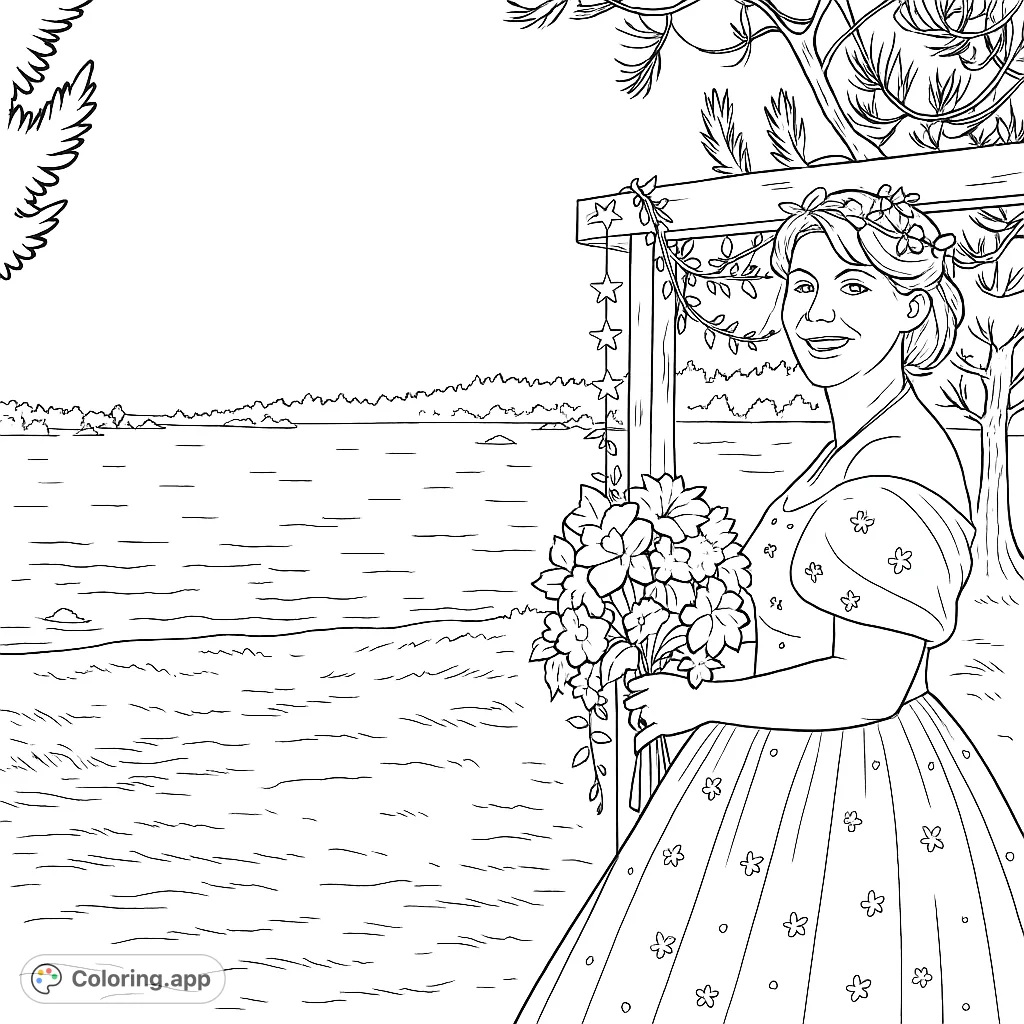 Color this joyous celebration scene featuring a woman in an elegant gown holding a bouquet by a decorative arch near a tranquil lake. Perfect for all ages.