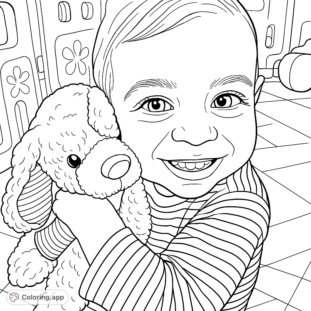 A delightful coloring page featuring a smiling child affectionately hugging a cuddly plush puppy, set against a subtle patterned background. Perfect for young artists!
