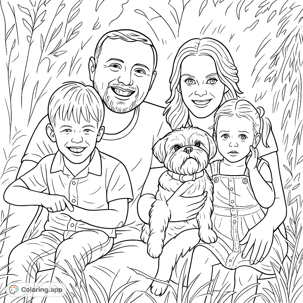 A heartwarming family portrait featuring two adults, two children, and their adorable fluffy dog, all smiling amongst tall outdoor grasses. Perfect for personalizing.