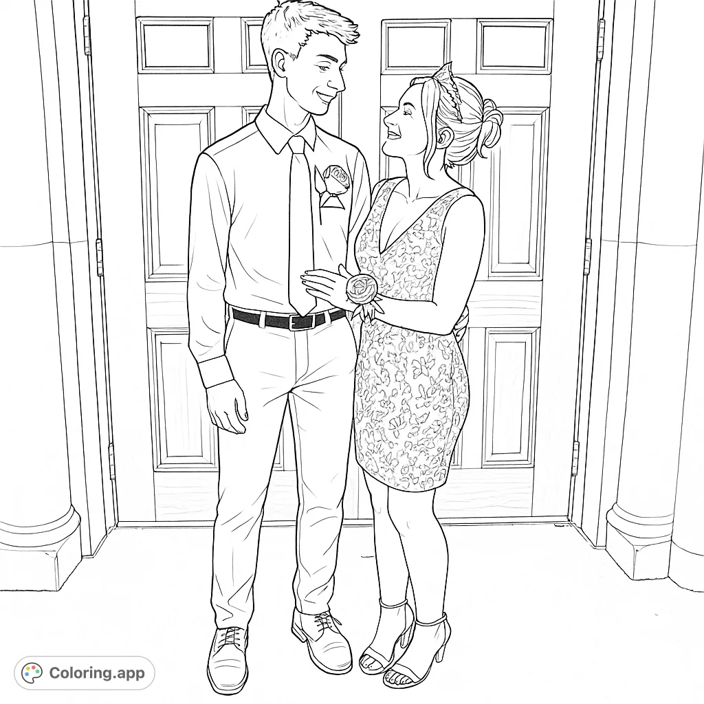 Capture the joyful moment of a formally dressed couple, smiling and embracing in front of ornate doors. A perfect scene to celebrate special occasions.