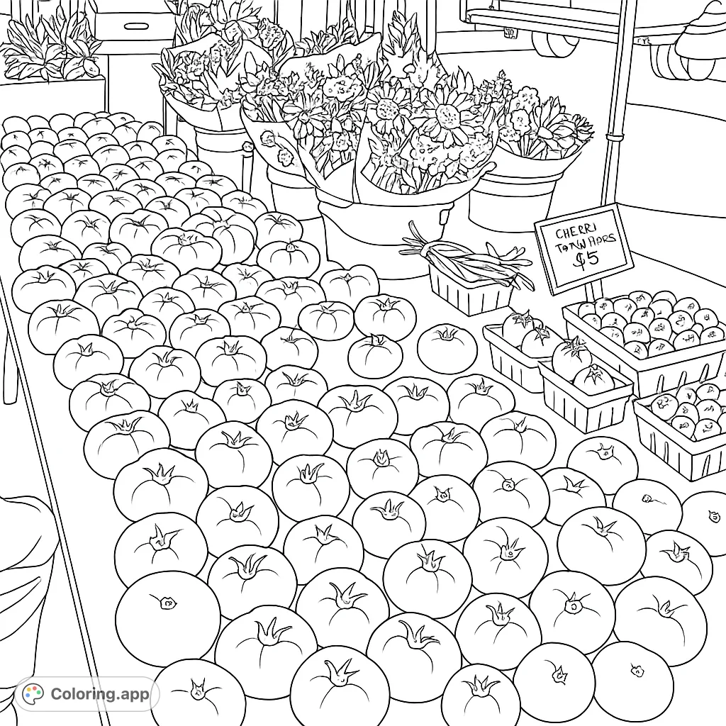 Explore a vibrant farmer's market scene filled with an abundance of tomatoes, fresh flowers, and produce. A detailed page for a rewarding coloring experience.