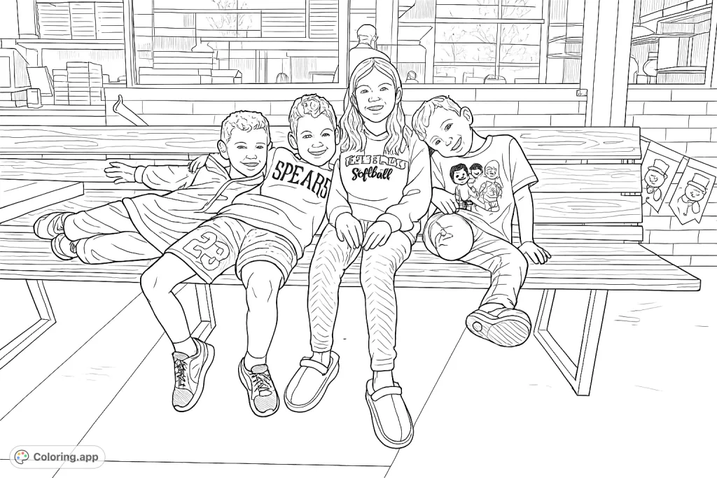 Color four happy children smiling on a wooden bench, with festive decorations in the background. A delightful scene for all ages to enjoy!
