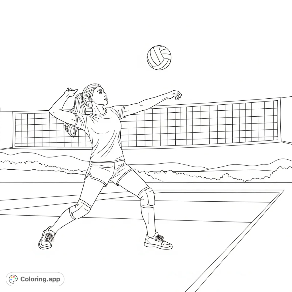 A dynamic teen girl in mid-action, expertly hitting a volleyball over the net on a court. Perfect for sports enthusiasts and those who love active scenes.