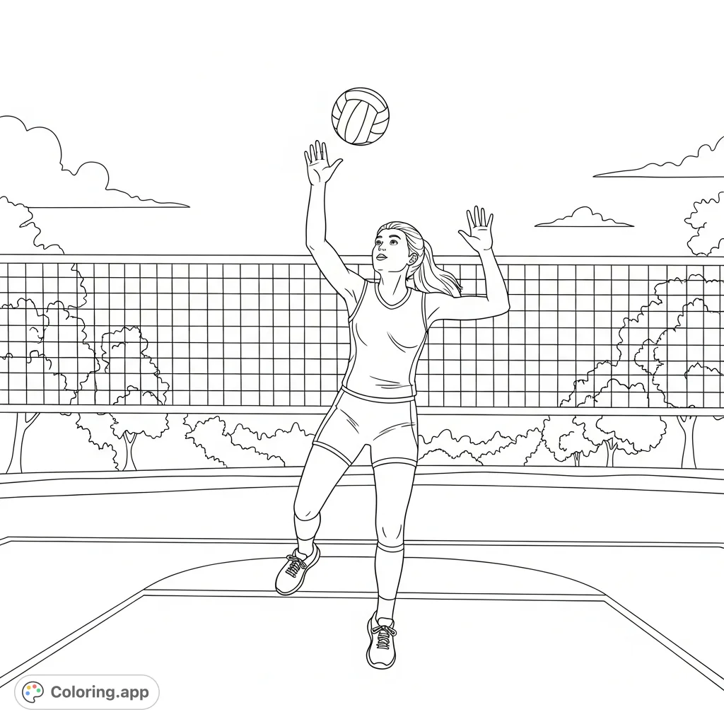 A dynamic teen girl in mid-action, striking a volleyball on a court. Perfect for sports enthusiasts and those who love active scenes.