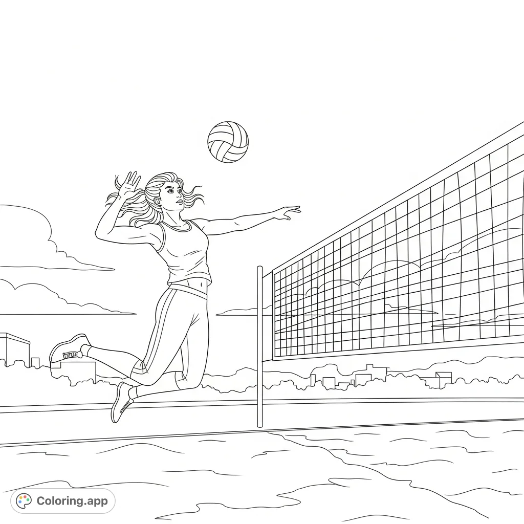 A dynamic teen girl in mid-air, powerfully spiking a volleyball over a net on a sunny court. Captures athletic grace and determination for all ages.