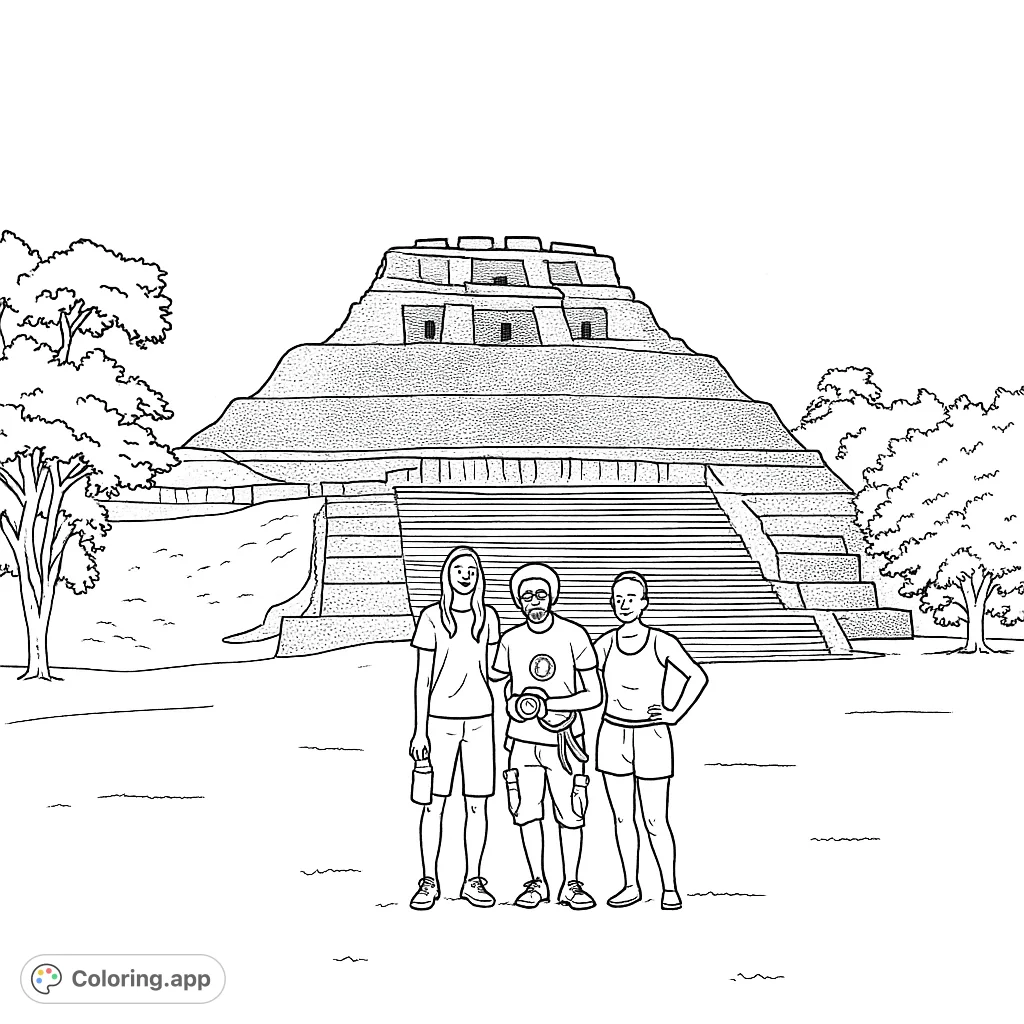 Explore an ancient Mayan pyramid coloring page. Features majestic architecture, lush landscape, and people observing the historic site.