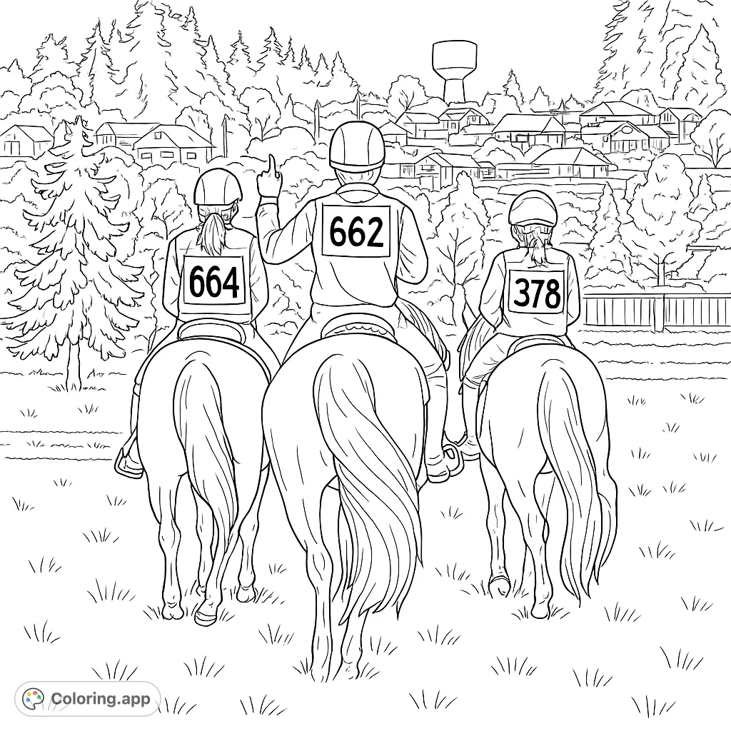 Three riders on horseback in a grassy field, with a town and forested hills in the background. Features detailed fringe jackets and race numbers.