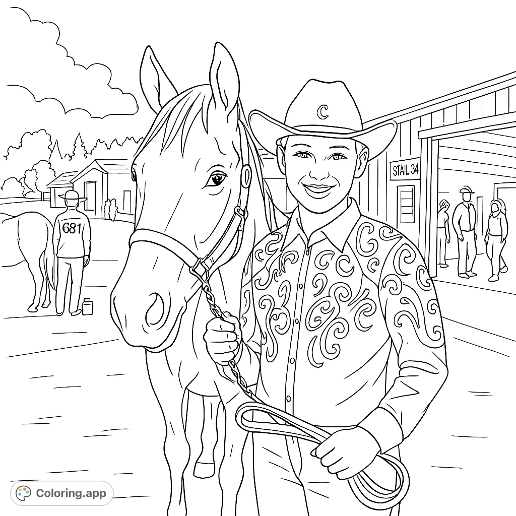 A young equestrian proudly stands with her horse at an outdoor event. Features detailed western wear and horse tack, perfect for aspiring riders and animal lovers.