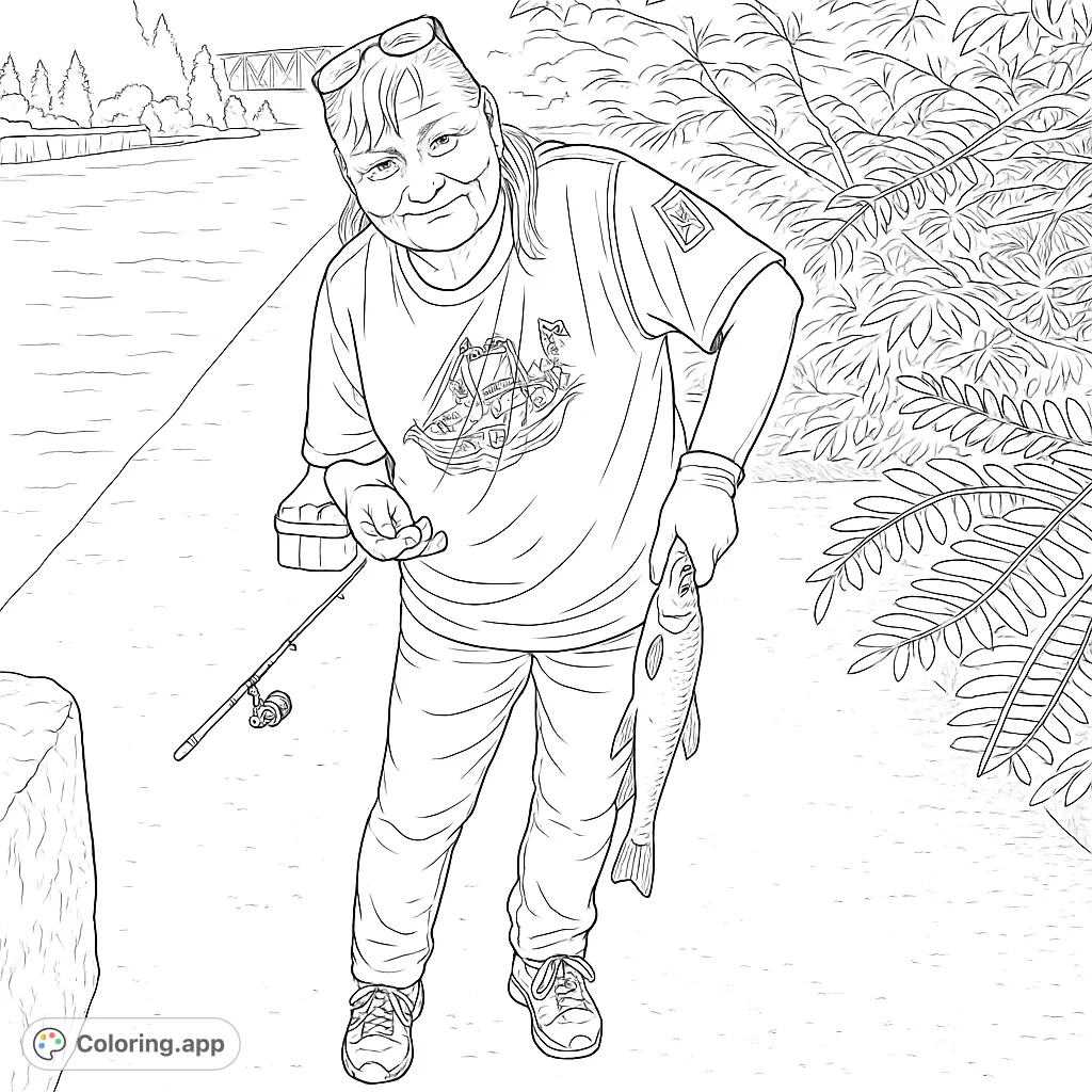 An angler proudly displays a fish caught by a tranquil waterway, with a fishing rod and tackle box nearby. A scene of a successful fishing trip, ready for your creative touch.