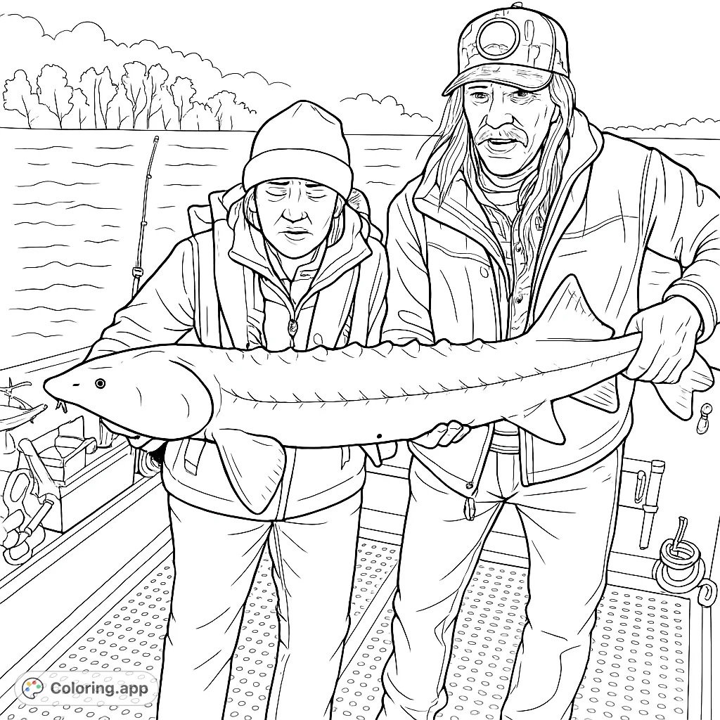 A thrilling sturgeon catch coloring page! Two anglers proudly display their impressive fish on a boat.
