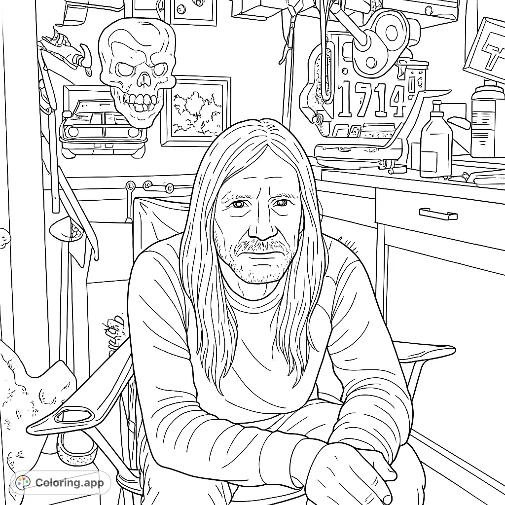 A detailed portrait of a man with long hair in a bustling workshop, surrounded by tools, a classic car illustration, and unique decorations.
