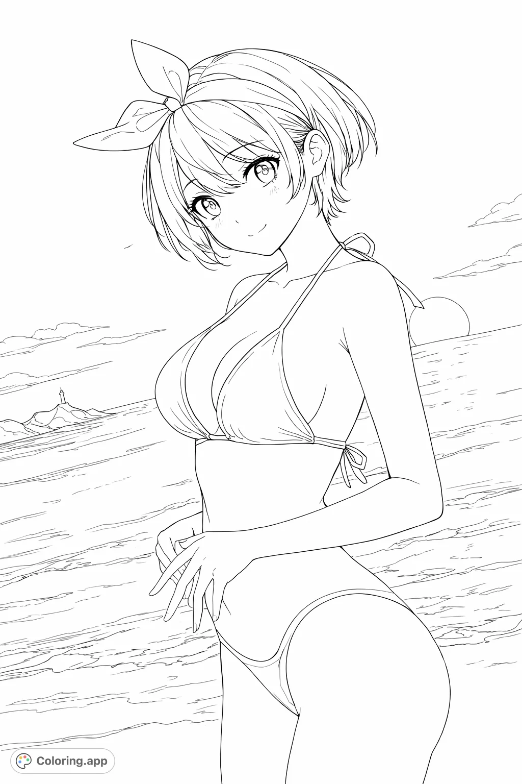 A delightful anime girl in a swimsuit enjoying a peaceful beach scene at sunset, perfect for a relaxing coloring experience. Embrace the summer vibes!