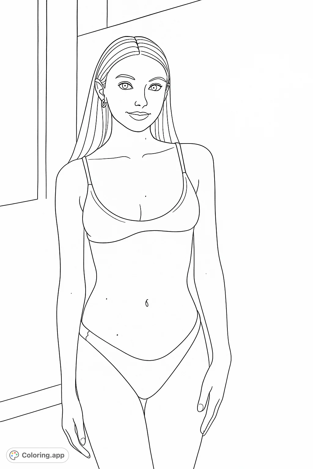 Color this striking depiction of a confident figure in swimwear. Perfect for exploring skin tones, hair textures, and fabric patterns in a contemporary setting.