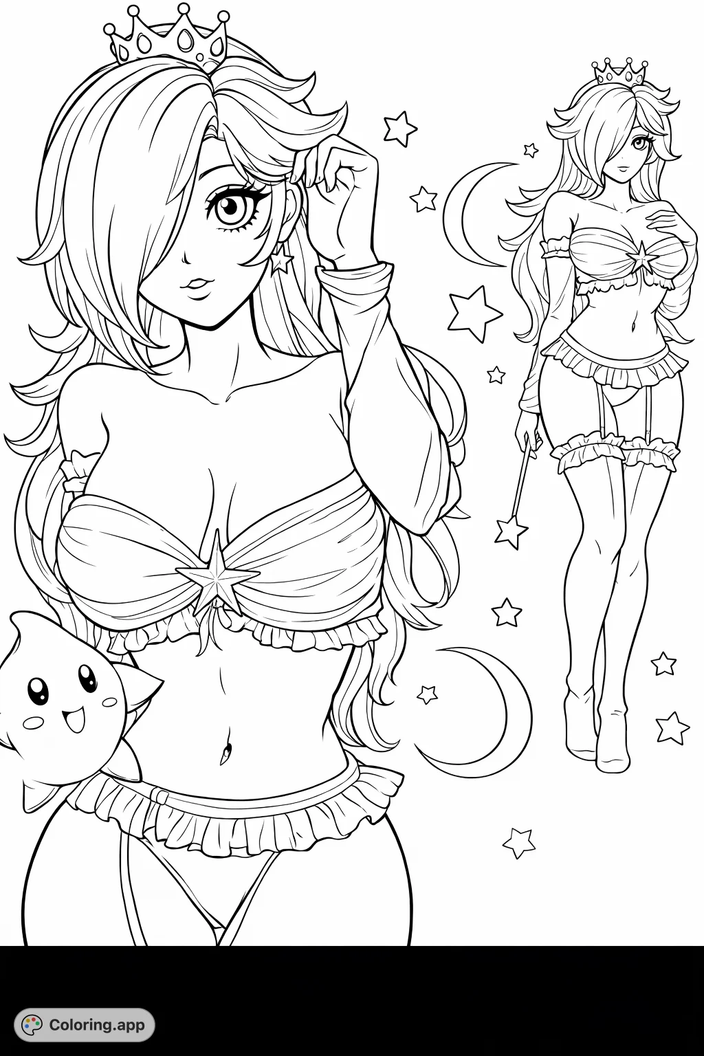 Explore a celestial scene featuring a graceful star princess in enchanting attire, accompanied by her cheerful star companion. A delightful fantasy coloring experience.