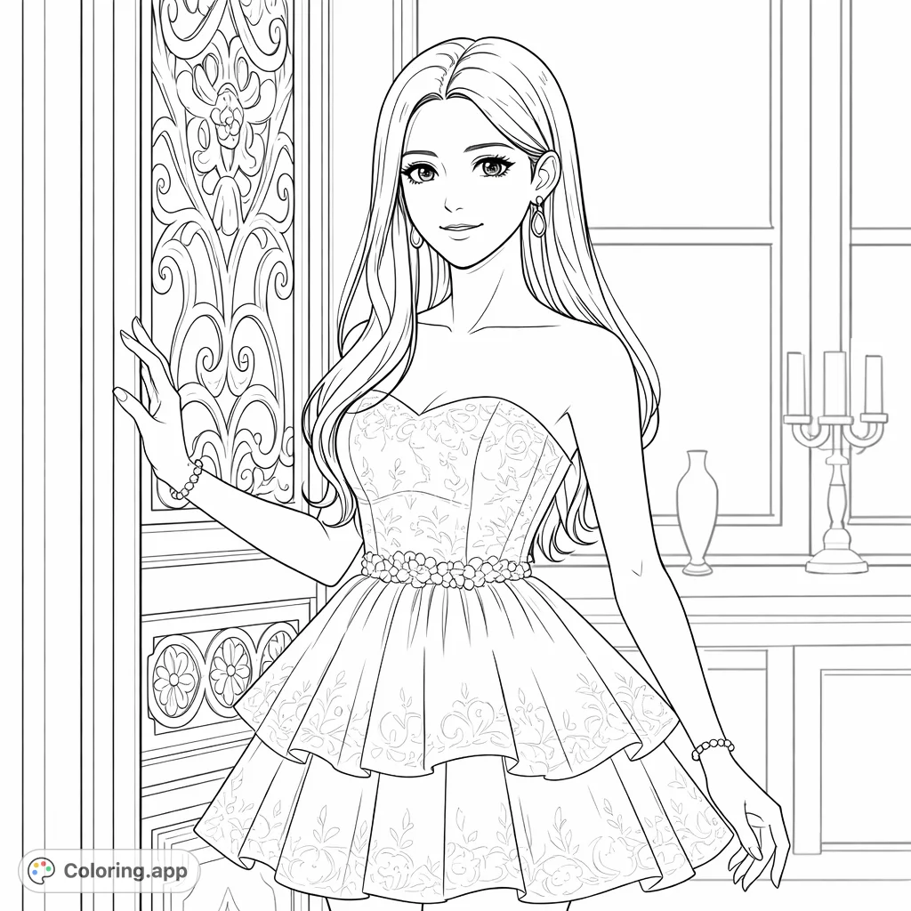 An elegant woman in a beautiful, intricately patterned strapless dress stands by an ornate carved panel. A sophisticated design for creative expression.