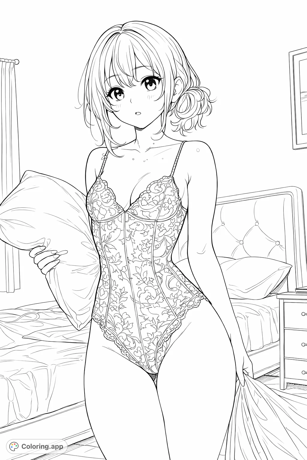 A woman in delicate lace lingerie holds a pillow in a cozy bedroom setting, offering an intricate design for adult colorists.
