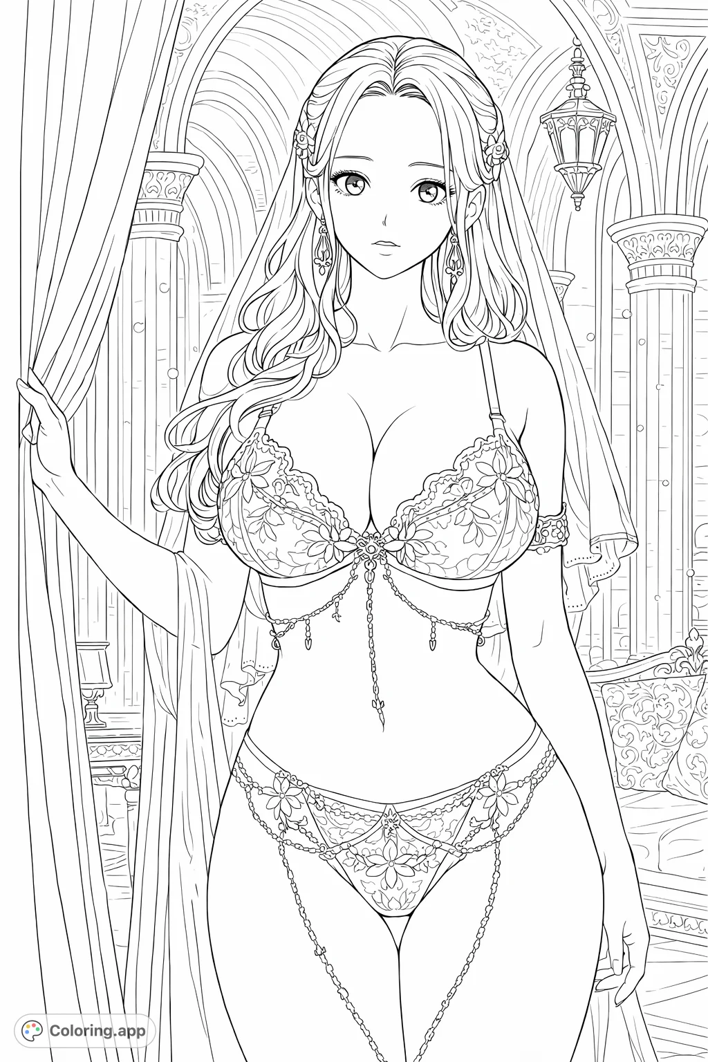 A captivating woman in intricate lingerie, set against an ornate, fantasy-inspired architectural background. Perfect for adult coloring enthusiasts.