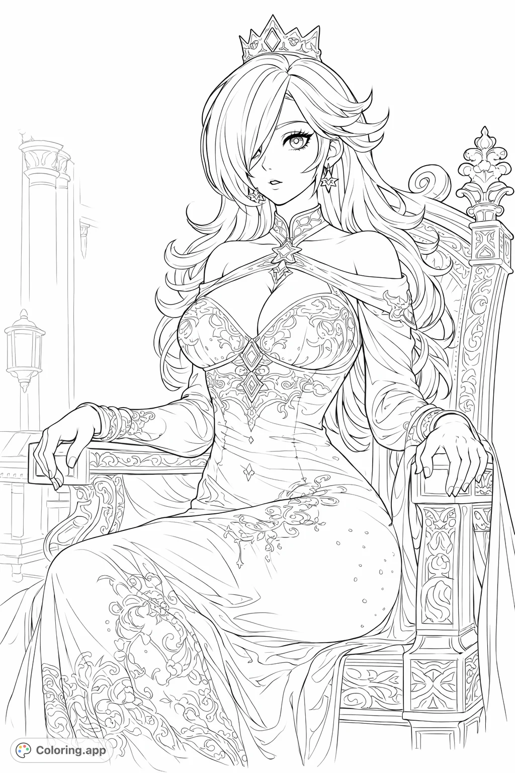 A majestic empress in an elaborate gown and crown, seated upon a grand, ornate throne. Perfect for those who enjoy fantasy, royalty, and detailed designs.