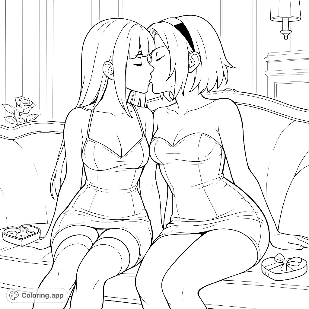 A romantic scene featuring two women sharing a tender kiss on a luxurious sofa, surrounded by delicate roses and gifts. Perfect for adult coloring.