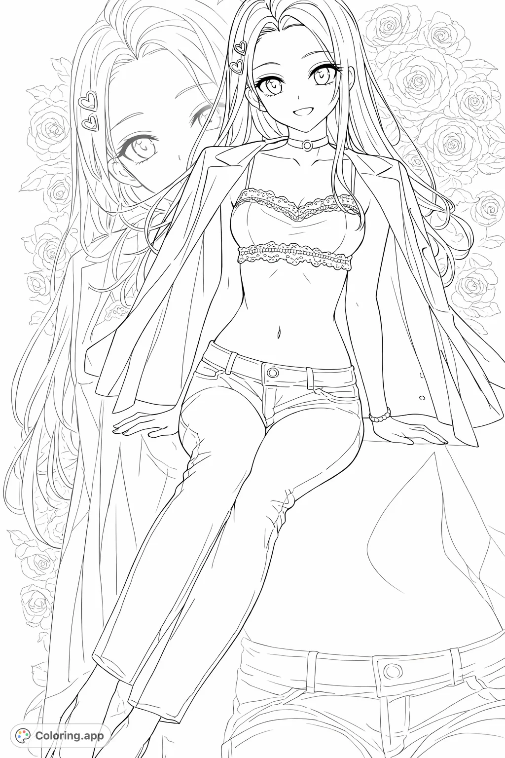 Color a fashionable young woman in a lace top, jacket, and jeans, posing against a soft floral background with a subtle reflection. Express your style!