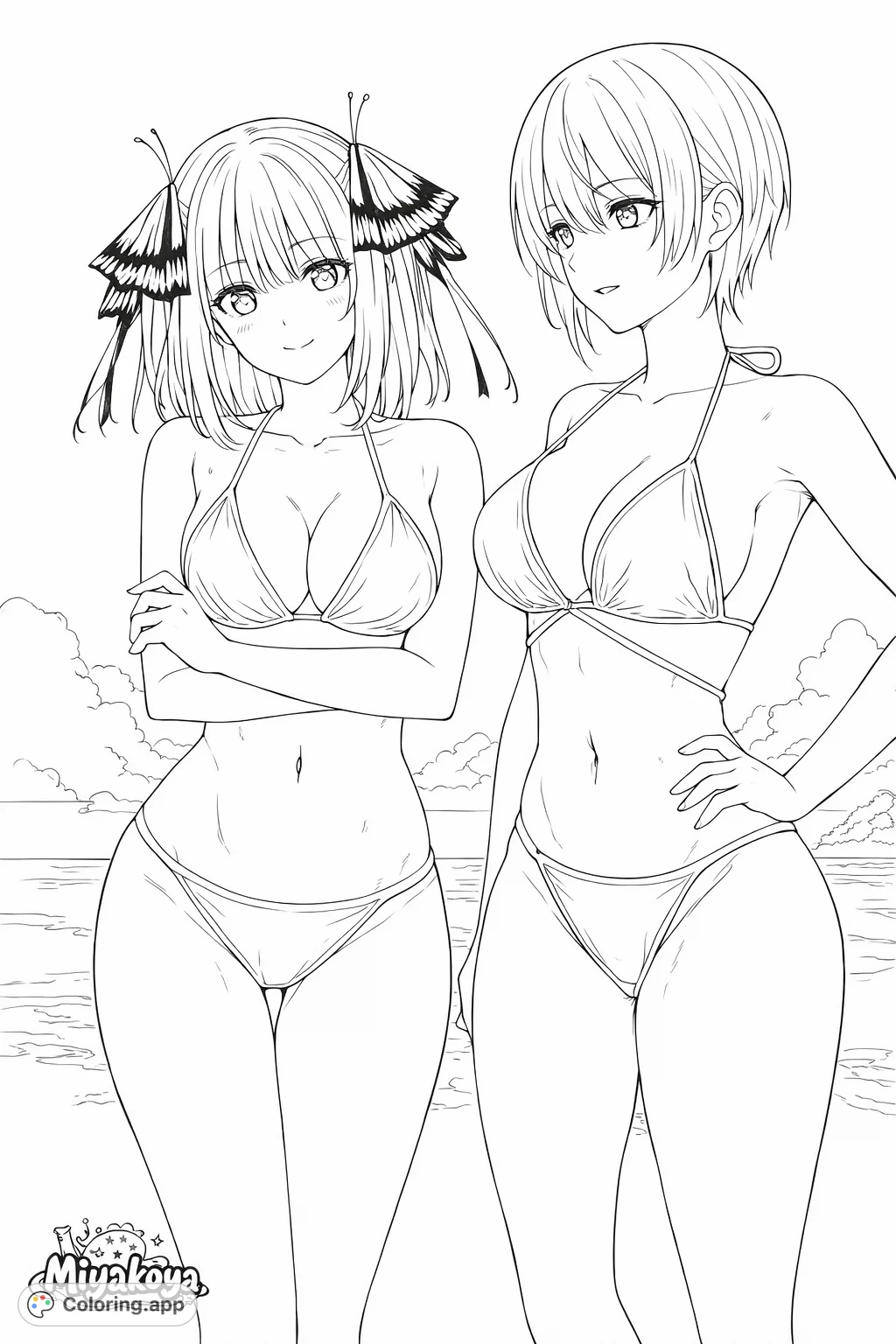 Two charming figures enjoy a coastal scene in their swim attire. This summer beach coloring page offers a delightful escape for relaxation and creative expression.