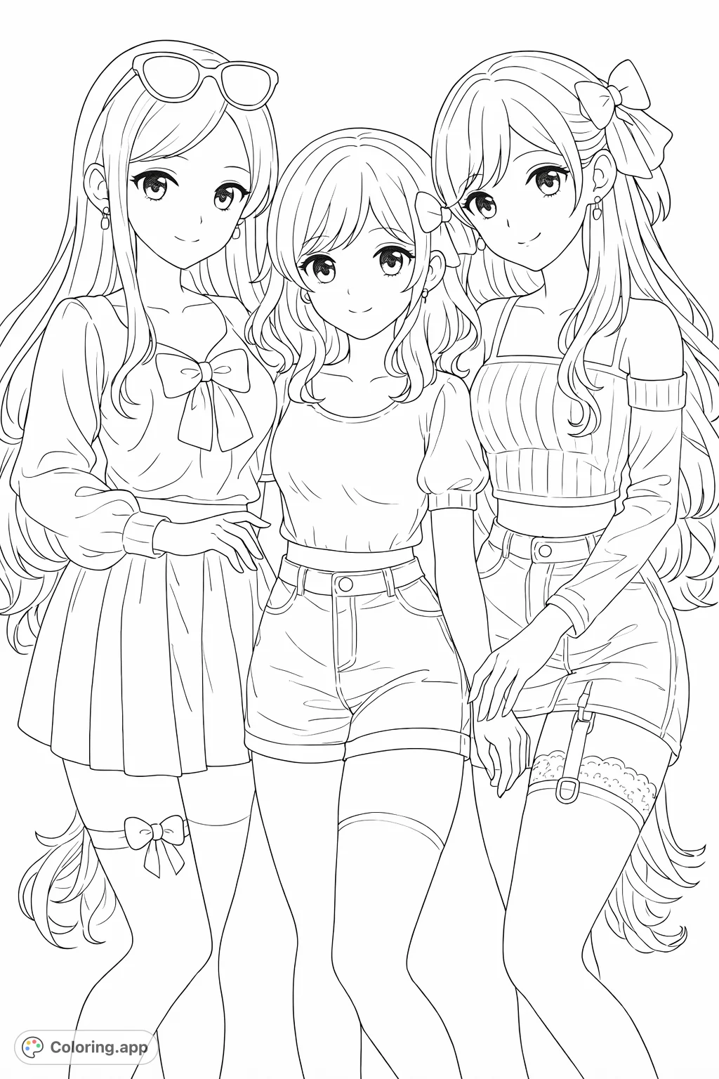 Three stylish anime girls posing together, showcasing unique fashion and hairstyles. A delightful page for fans of modern anime aesthetics and character design.