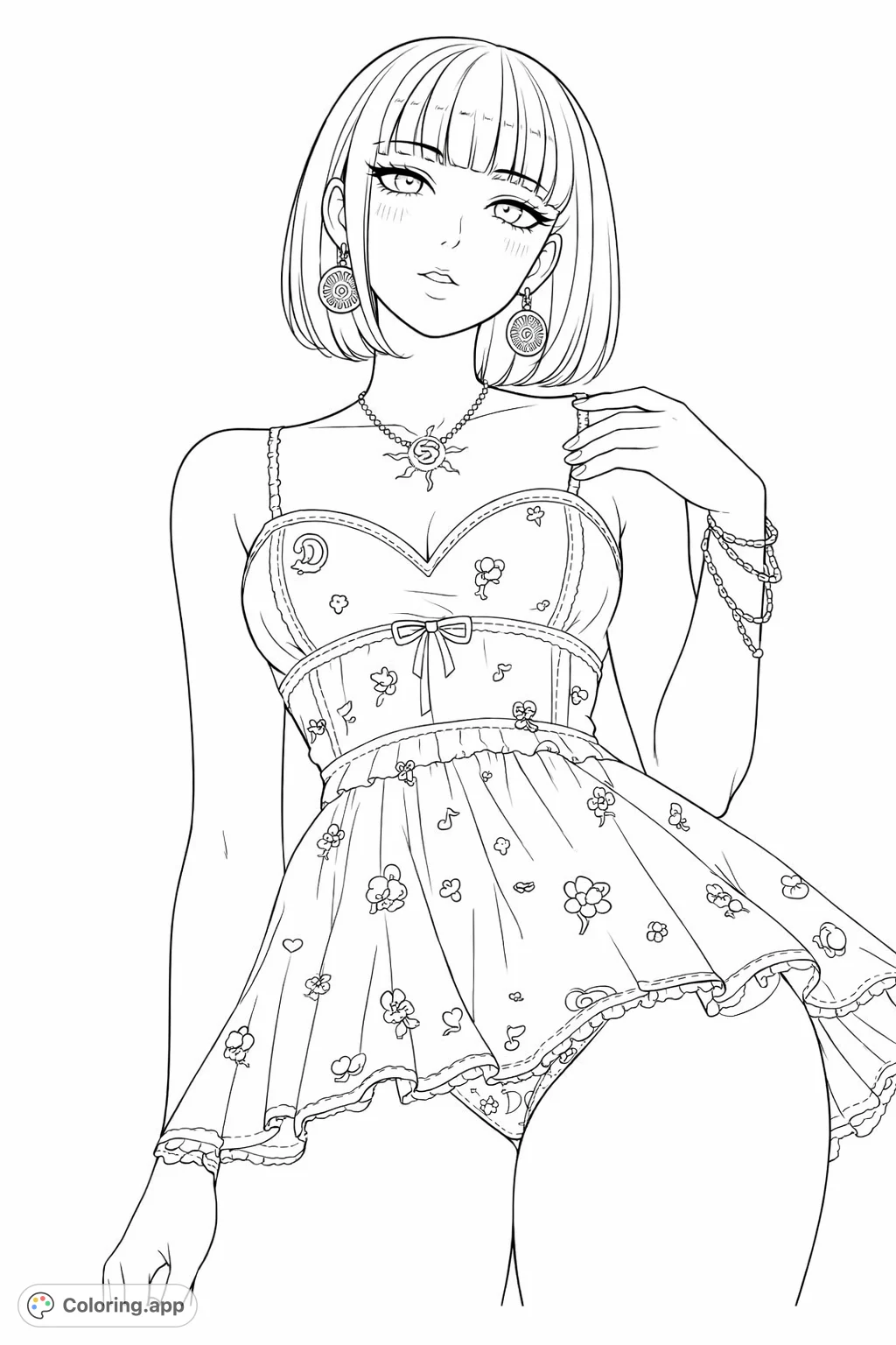 A stylish woman with a bob haircut and a whimsical patterned dress, complete with unique earrings and a sun pendant. Perfect for fashion and character art enthusiasts.
