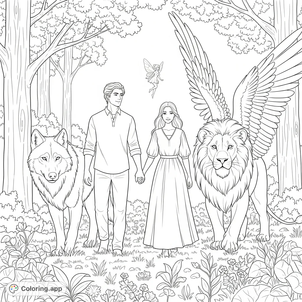 Embark on a mythical forest journey with a couple, a majestic winged lion, a loyal wolf, and a watchful fairy. A detailed spring nature scene awaits your colors!