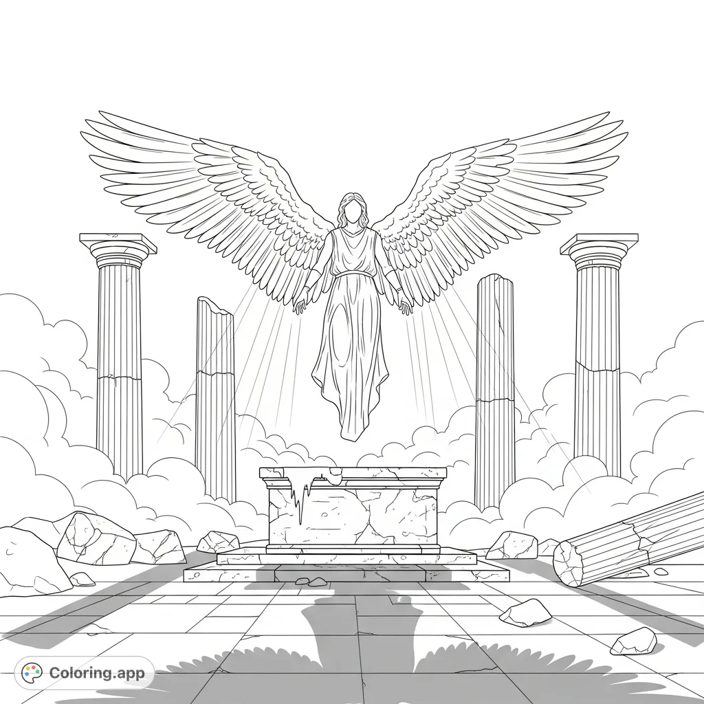 A majestic angel with colossal feathered wings hovers over a weathered stone altar amidst the desolate ruins of a forgotten temple, shrouded in fog.