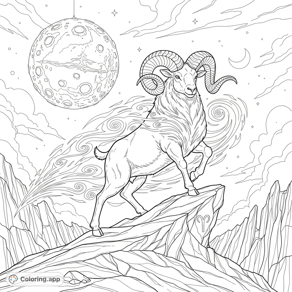 An energetic Aries ram, embodying its fire element and Mars influence, stands dynamically on a rugged landscape, symbolizing courageous leadership and competitive spirit.
