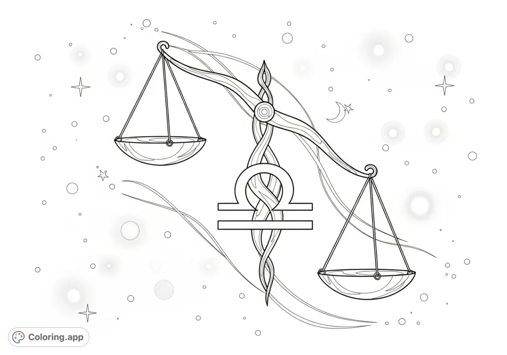 An intricate Libra scale coloring page depicting harmonious balance with elegant lines and the intertwined zodiac symbol against a cosmic background. Perfect for mindfulness.