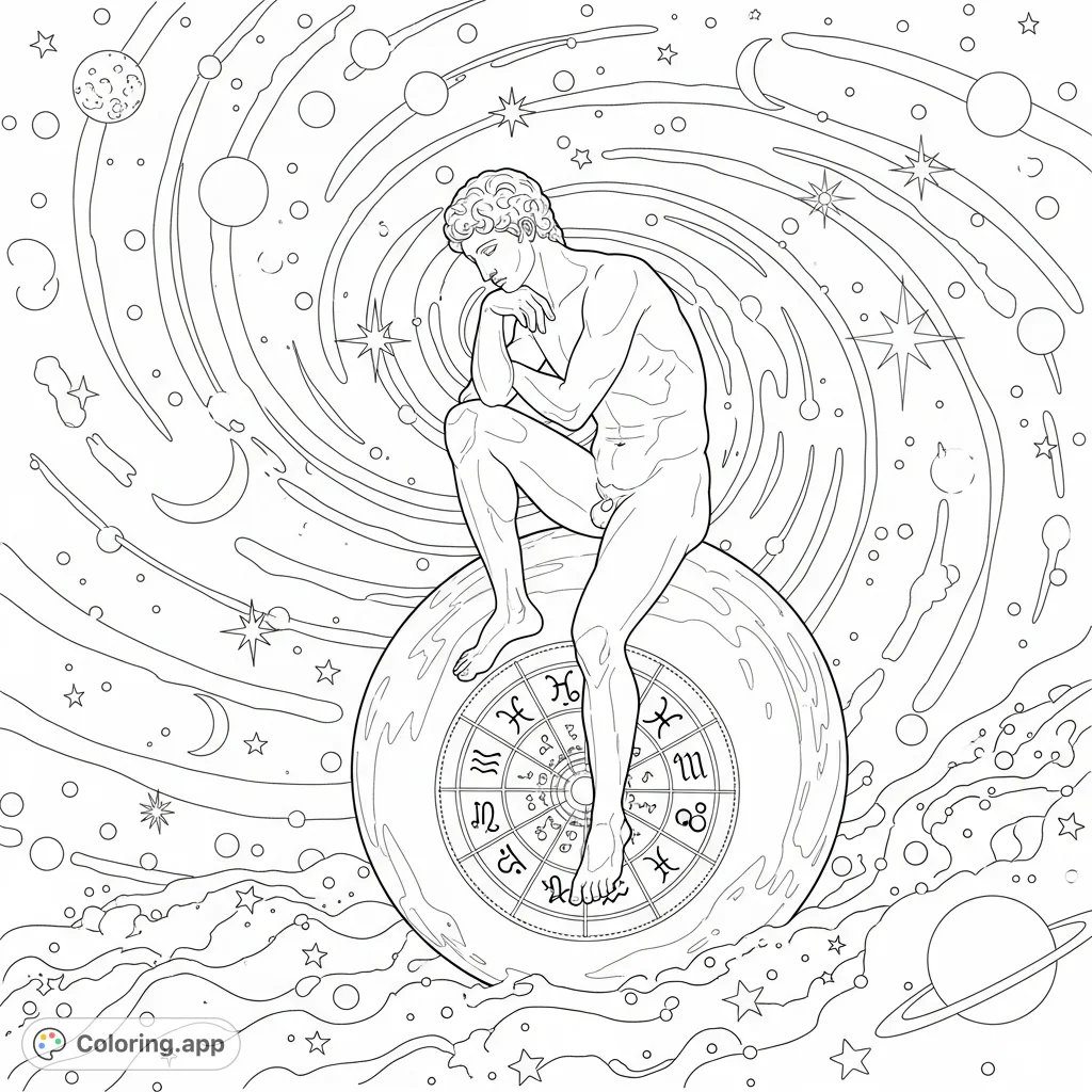 A thoughtful classical nude male figure rests on a celestial sphere adorned with zodiac symbols, against a backdrop of swirling galaxies, stars, and cosmic dust.
