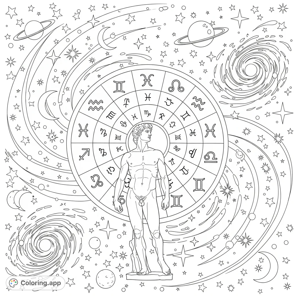 A classical nude figure stands before an intricate zodiac wheel and a swirling cosmic background, featuring galaxies, stars, and planets.